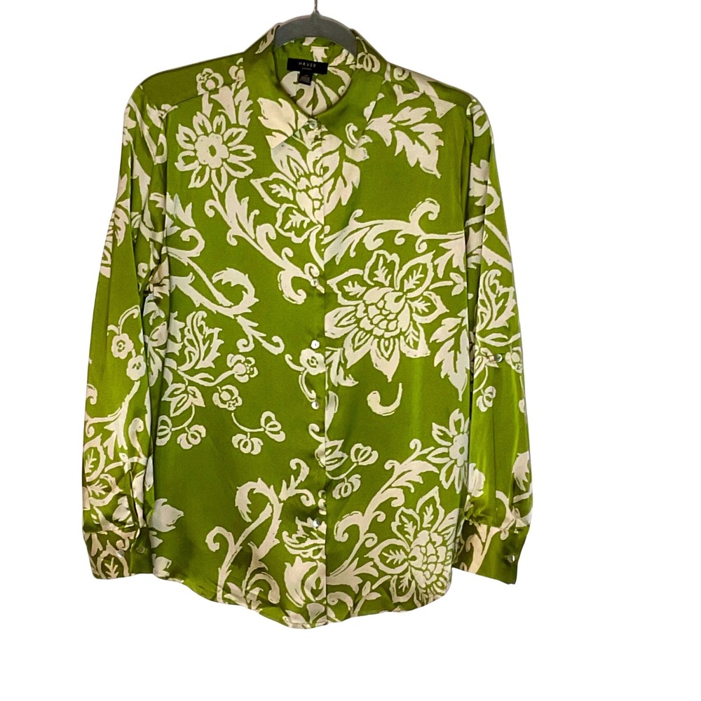HAVER London women's blouse small satin top green cream floral Boho relaxed fit